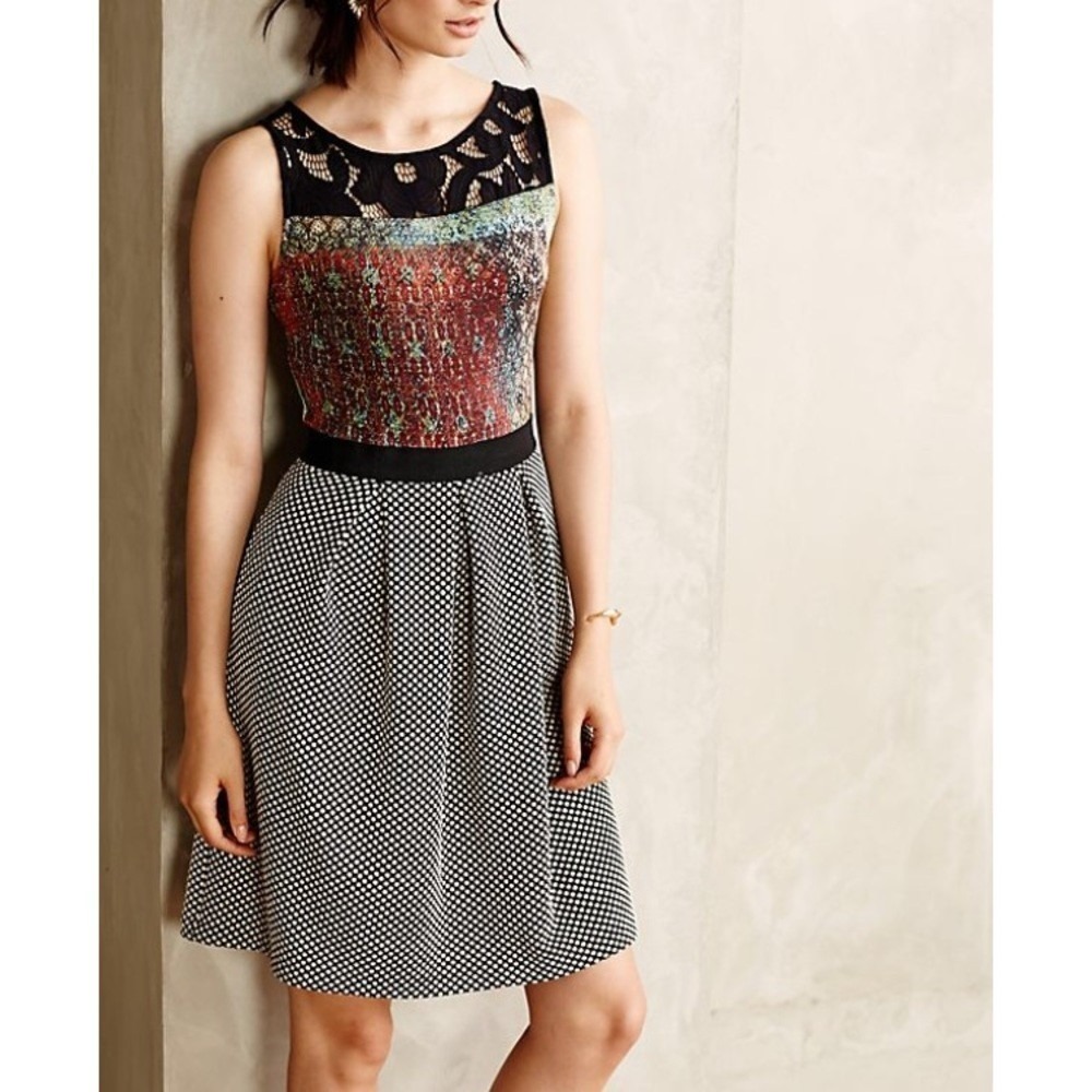 WESTON Petites‎ Anthropologie XS Galina Print Lace Trim Polka Dot Dress